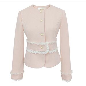 Japanese Kawaii Pastel Pink Wool White Ruffle Thick Winter Blazer Coat Jacket